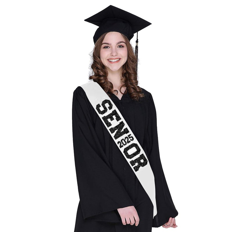 Partyprops 6Pcs White Senior 2025 Satin Sashes with Black Glitter Letters Senior 2025 Decorations - 2025 Graduation Celebrations Sashes - Senior Cheer Sash - Cheerleader Sash - Class Competition Sashes - Image 2